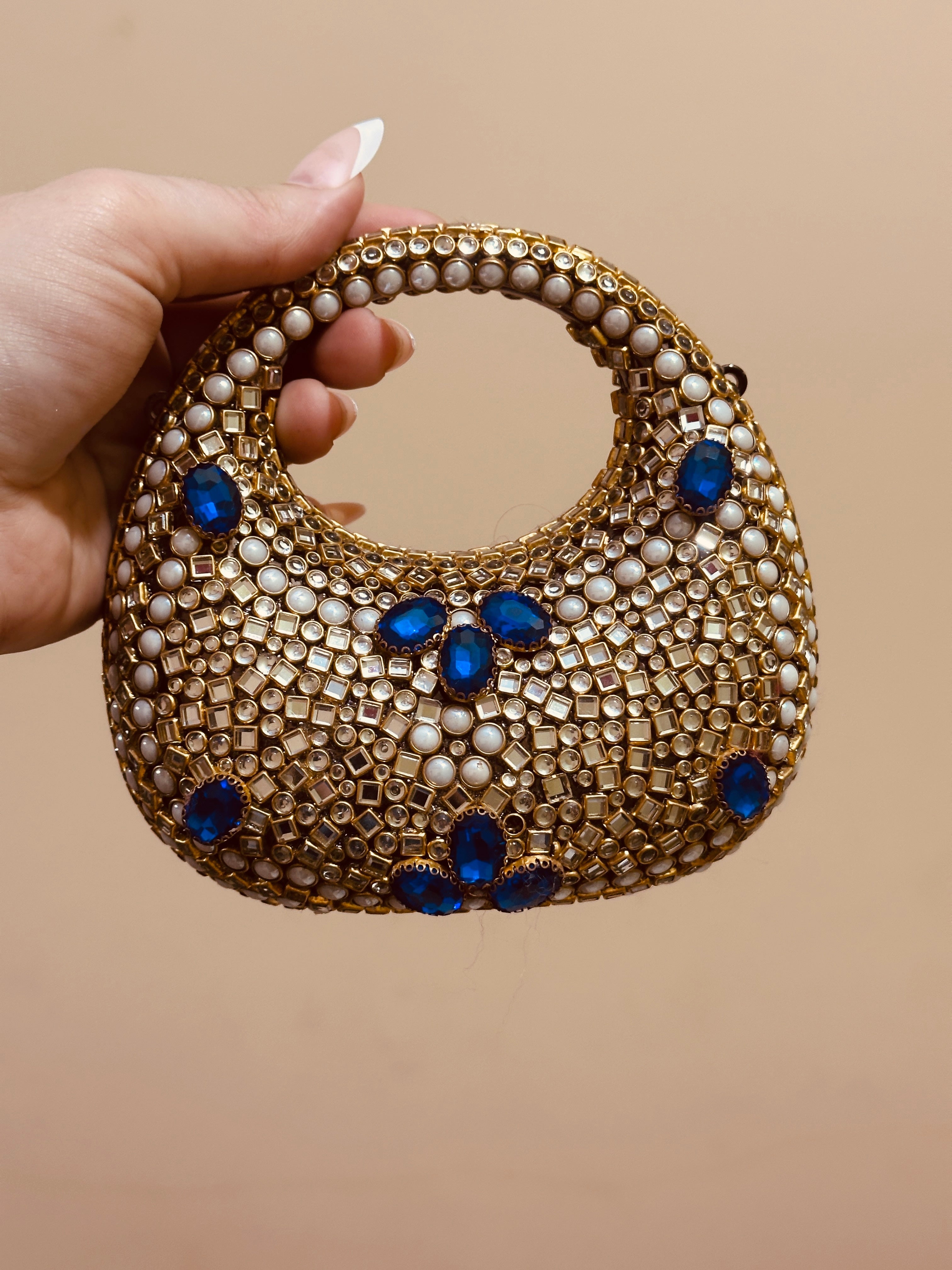 Kundan stone blue clutch