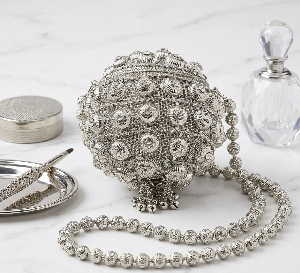 “Sunehri Noor” Embellished Potli Clutch-Silver